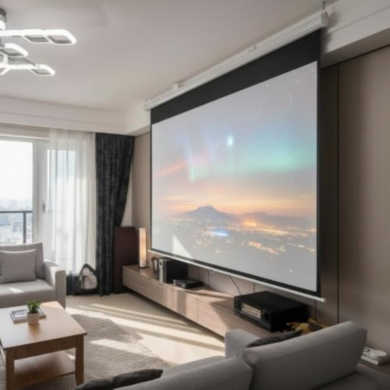 Home theater projection screen, PVC material, white color, motorized 120-inch 16:9 electric screen with quiet motor and remote control for indoor/outdoor wall or ceiling mounting - Image 1