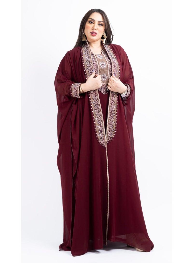 زينة جلابية شيفون فاخرة بتطريز الكريستال والحجر | فستان ماكسي سهرة أنيق بأكمام الباتوينغ - Image 1