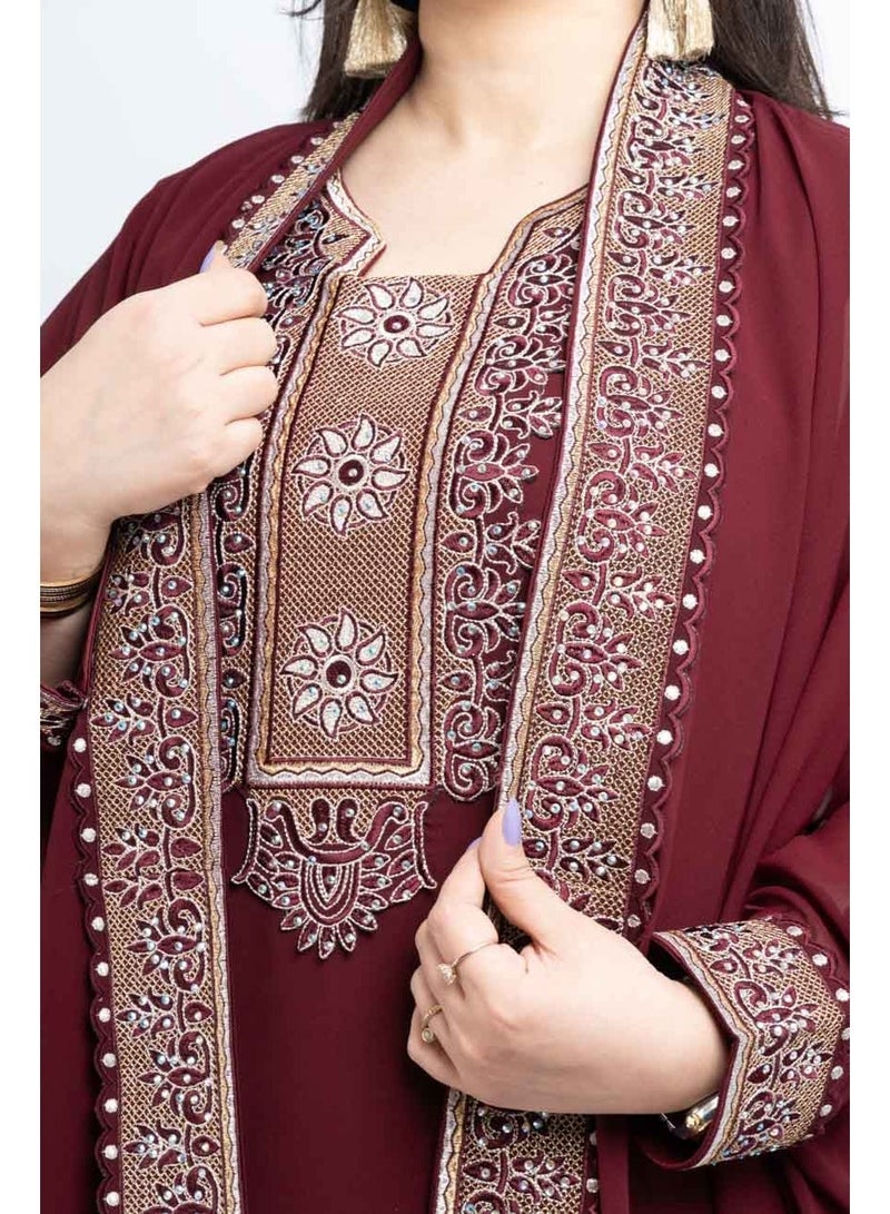 زينة جلابية شيفون فاخرة بتطريز الكريستال والحجر | فستان ماكسي سهرة أنيق بأكمام الباتوينغ - Image 2