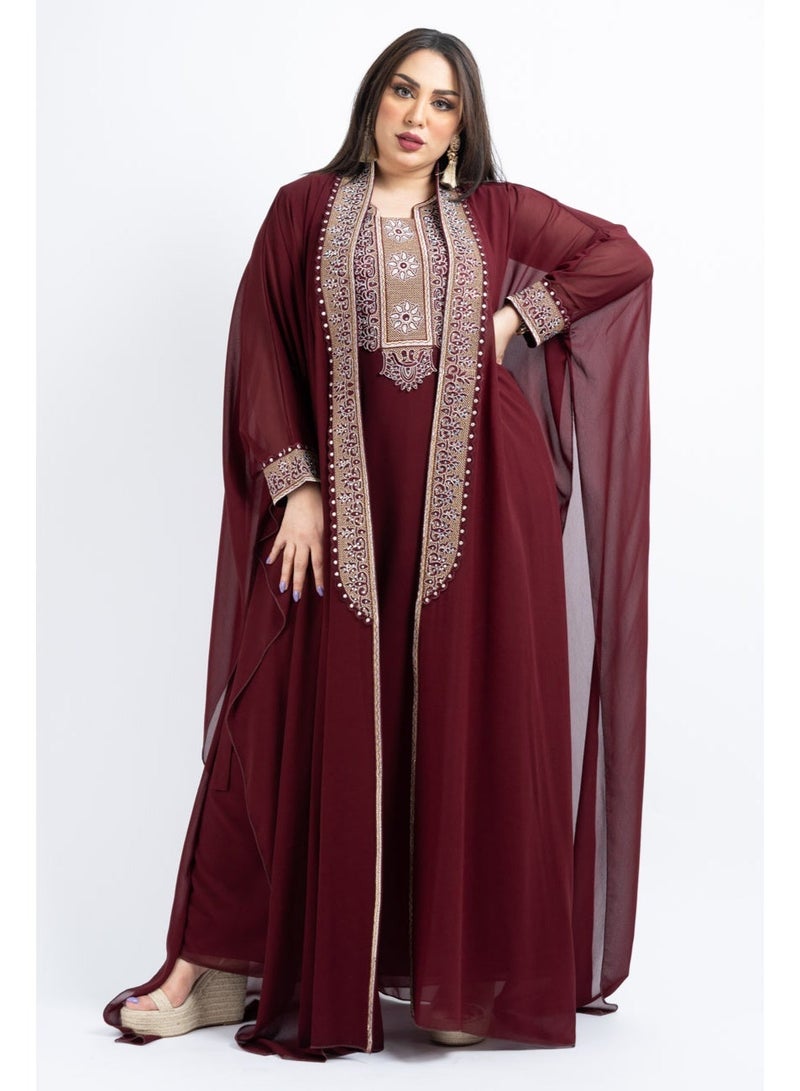 زينة جلابية شيفون فاخرة بتطريز الكريستال والحجر | فستان ماكسي سهرة أنيق بأكمام الباتوينغ - Image 4