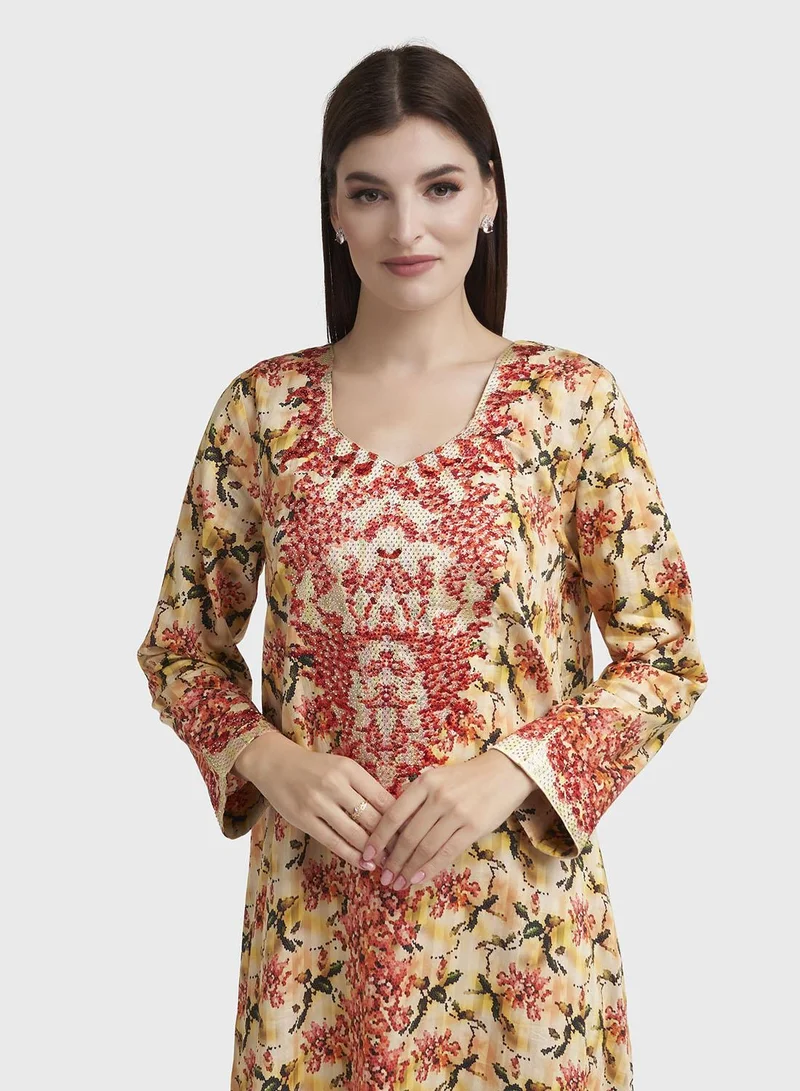 كشخة Yellow Cotton Satin Abstract Print Jalabiya (VG2899)