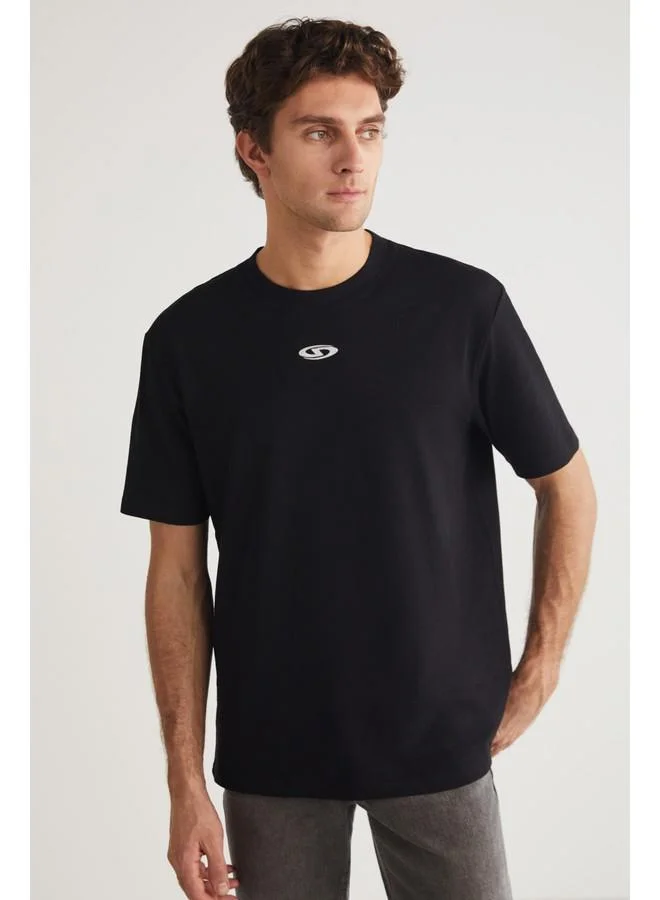 GRIMELANGE Grimelange Ferran Men's Crew Neck Cotton Printed Detail Black T-Shirt