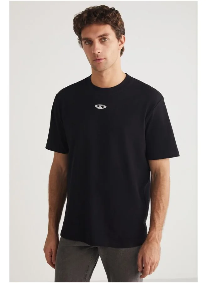 جريميلانج Grimelange Ferran Men's Crew Neck Cotton Printed Detail Black T-Shirt