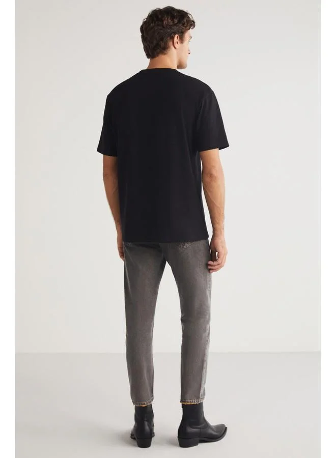 GRIMELANGE Grimelange Ferran Men's Crew Neck Cotton Printed Detail Black T-Shirt