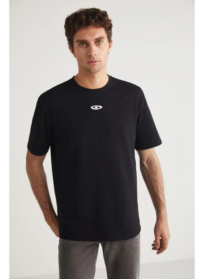 GRIMELANGE Grimelange Ferran Men's Crew Neck Cotton Printed Detail Black T-Shirt