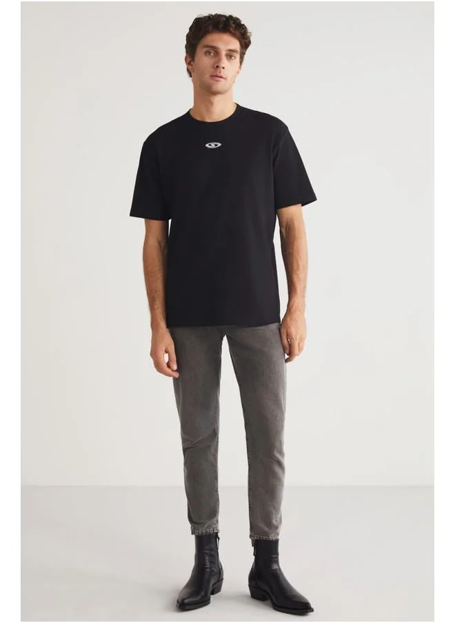 جريميلانج Grimelange Ferran Men's Crew Neck Cotton Printed Detail Black T-Shirt
