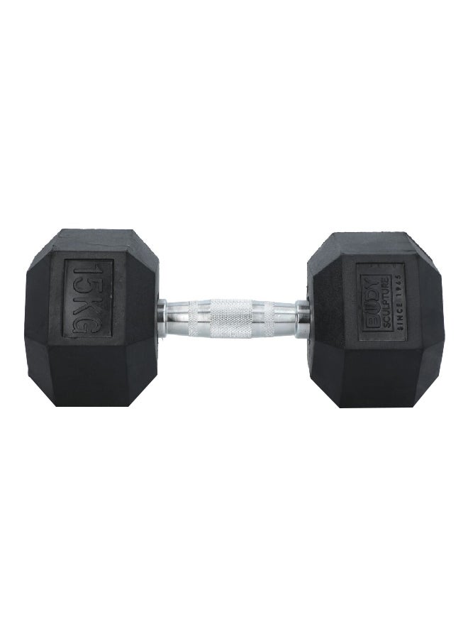 Rubber Coated Sturdy Steel Hex Dumbbell with Silver and Black 15 kg