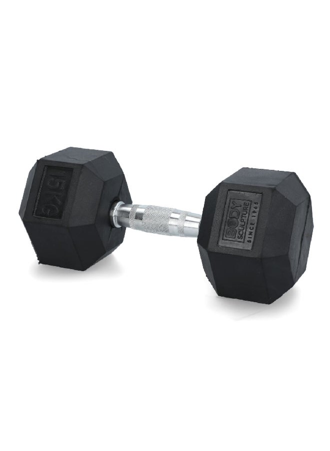 Rubber Coated Sturdy Steel Hex Dumbbell with Silver and Black 15 kg
