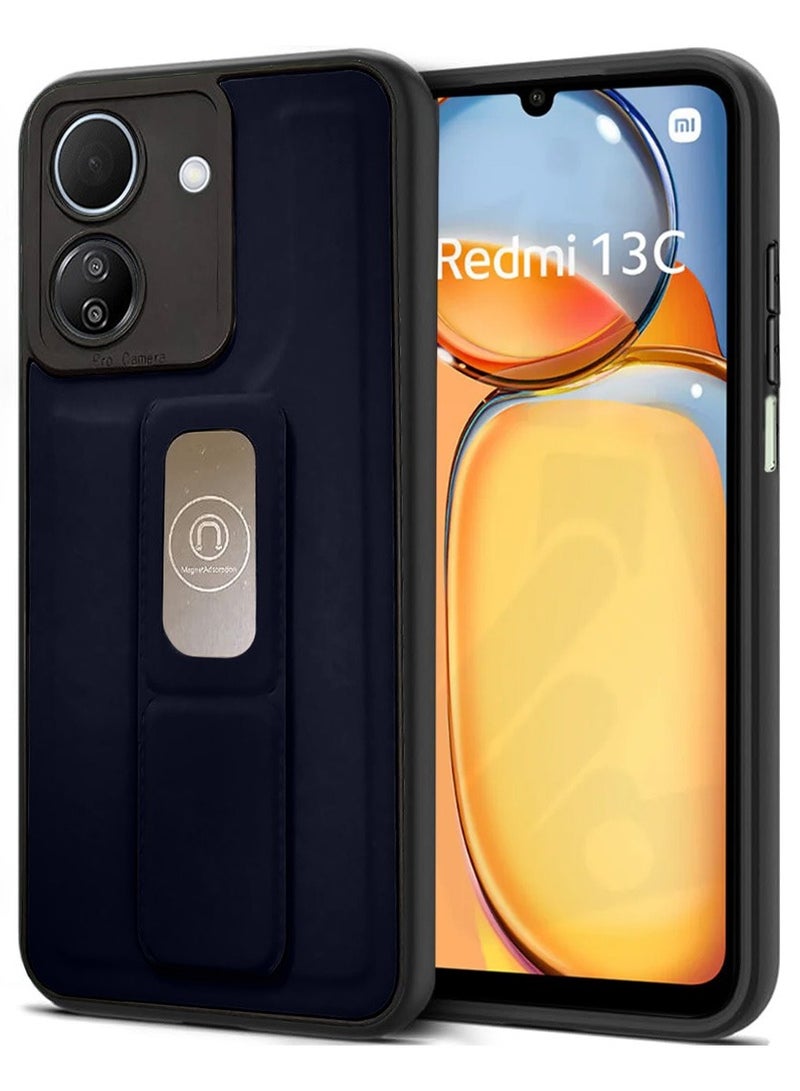 Techie جراب خلفي مصنوع من السيليكون TPU أنيق مع قبضة يد مغناطيسية وداعم للوقوف لهاتف Xiaomi Redmi 13C - أزرق داكن - Image 1