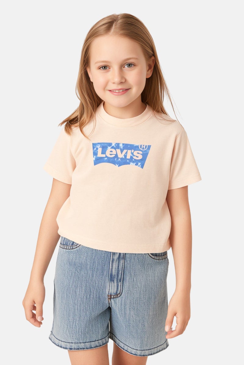 Levi's Kids Girl Crew Neck Short Sleeve Brand Logo T-shirt, Peach - Image 1