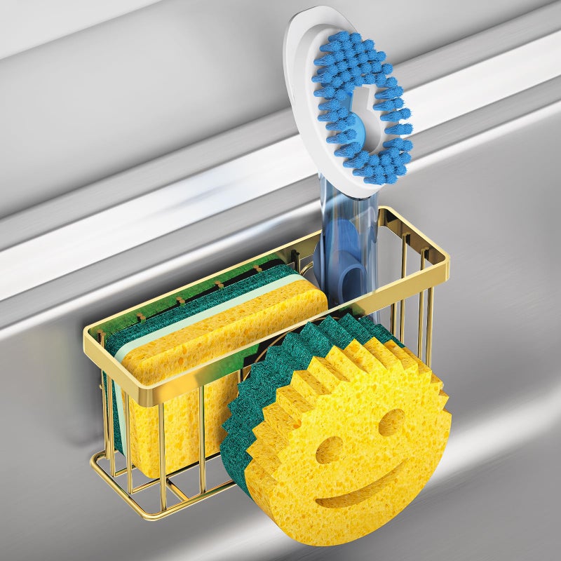 MURLONG Sponge Holder Smiley Face, Sink Caddy for kitchen Sink, Kitchen Organizer Sponge Holder with 2 PCS Suction Cups/1 PCS Adhesive Strips, Designed for Sponge, Soap, Dish brush, Scrubber-Gold - Image 1
