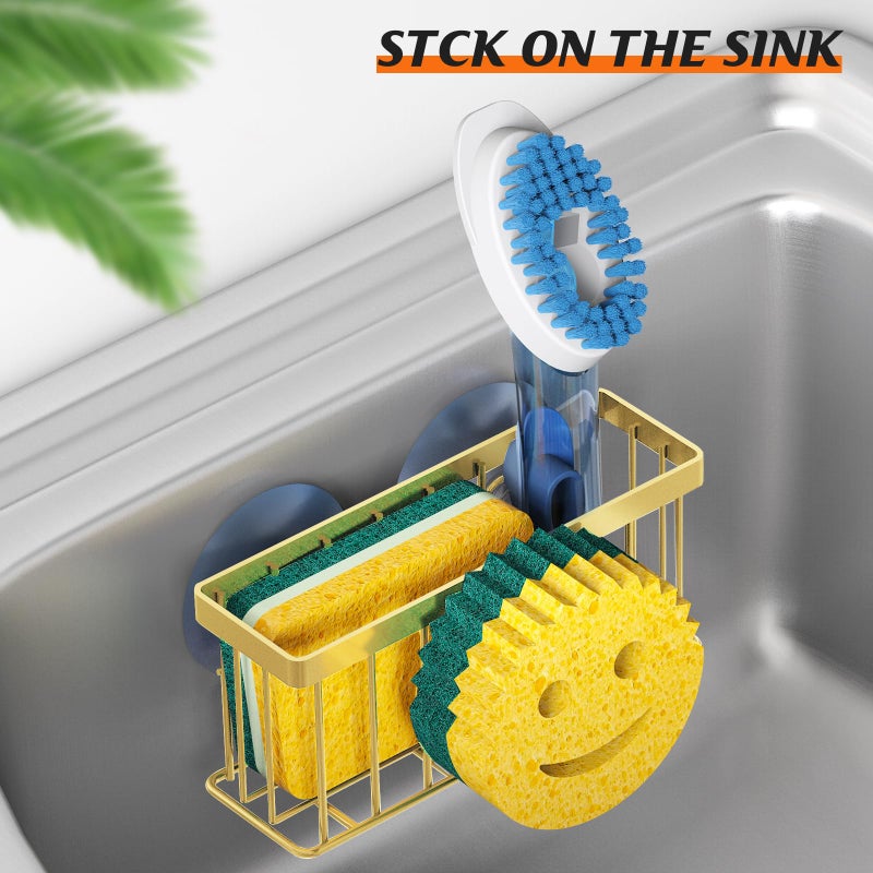 MURLONG Sponge Holder Smiley Face, Sink Caddy for kitchen Sink, Kitchen Organizer Sponge Holder with 2 PCS Suction Cups/1 PCS Adhesive Strips, Designed for Sponge, Soap, Dish brush, Scrubber-Gold - Image 5
