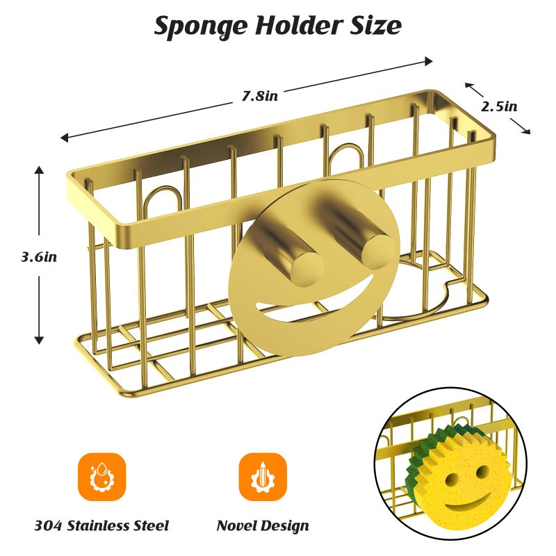 MURLONG Sponge Holder Smiley Face, Sink Caddy for kitchen Sink, Kitchen Organizer Sponge Holder with 2 PCS Suction Cups/1 PCS Adhesive Strips, Designed for Sponge, Soap, Dish brush, Scrubber-Gold - Image 2