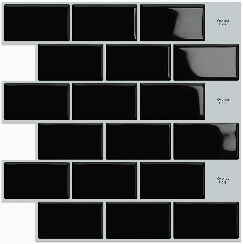 DEWOO Black Stick on Tiles,Self Adhesive Wall Tile,Peel and Stick Wall Tiles Metro Subway 10-Sheet（12"x 12"） - Image 1