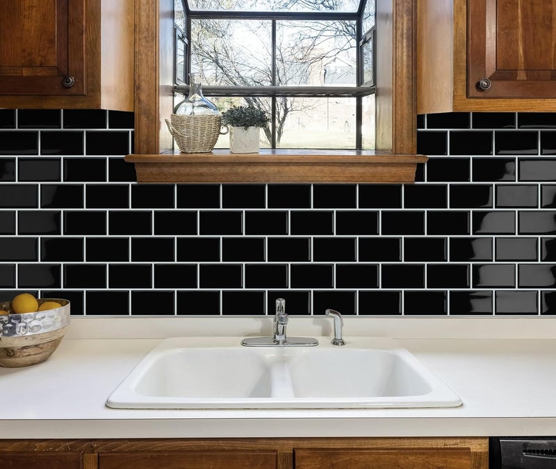 DEWOO Black Stick on Tiles,Self Adhesive Wall Tile,Peel and Stick Wall Tiles Metro Subway 10-Sheet（12"x 12"） - Image 2