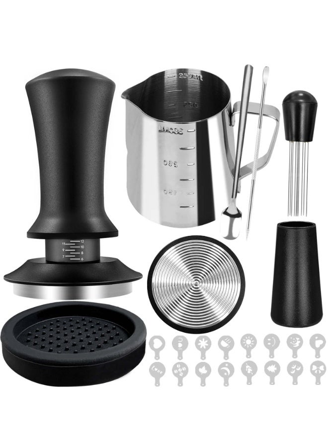 22 PCS Coffee Tamper Set, Espresso Accessories Barista Kit, with 51mm Espresso Tamper, WDT Tool, Frothing Pitcher(350 ml), Latte Art Pen, Coffee Stirrer, Tamper Mat, 16 Coffee Stencils - Image 1