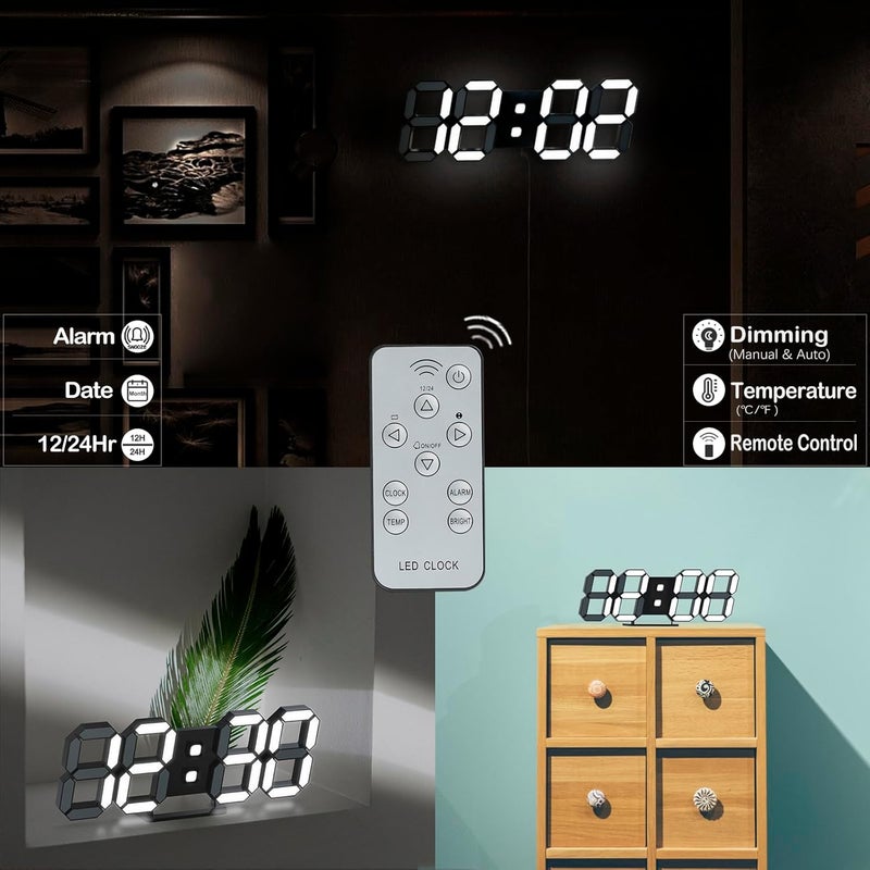 KOSUMOSU ساعة رقمية LED ثلاثية الأبعاد من ، مناسبة لزينة غرفة المعيشة، تتميز بشاشة كبيرة وتصميم جميل، مزودة بجهاز تحكم عن بعد لتخفيف الإضاءة، تعرض التاريخ ودرجة الحرارة - Image 2