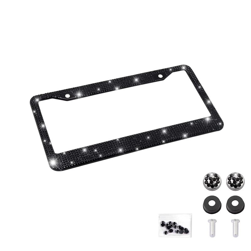 Bling Car License Plate Frame Handcrafted Crystal Stainless Steel License Plate Frame Sparkly Durable Universal Fit Car Accessories for Girls Women Black