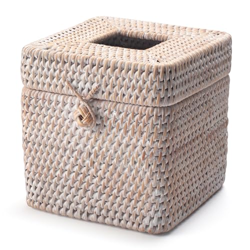 DECRAFTS Rattan Tissue Box Cover Natural Woven Facial Napkin Holder Square with Lid 57 x 57 x 55 Inch White - Image 3