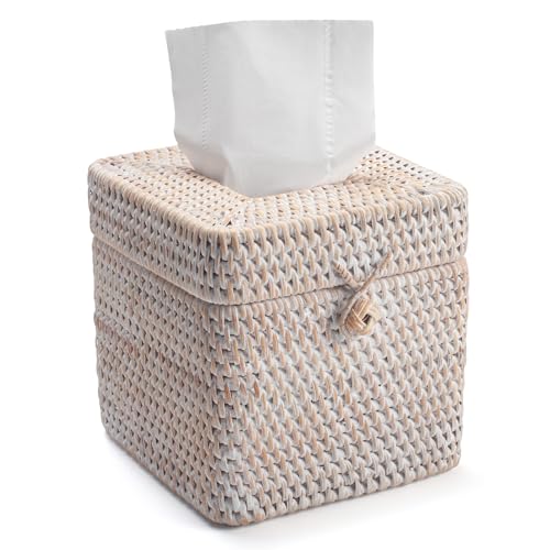 DECRAFTS Rattan Tissue Box Cover Natural Woven Facial Napkin Holder Square with Lid 57 x 57 x 55 Inch White - Image 1