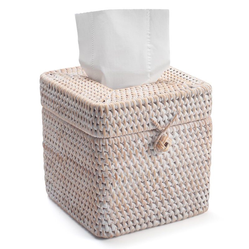 DECRAFTS Rattan Tissue Box Cover Natural Woven Facial Napkin Holder Square with Lid 57 x 57 x 55 Inch White - Image 2