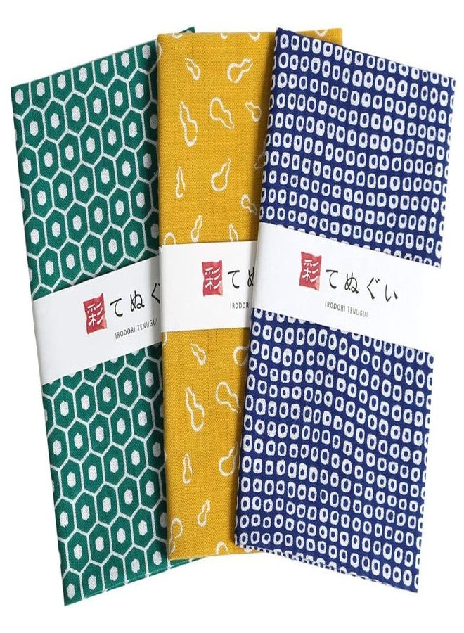 KOMESICHI irodori Japanese Traditional Towel Tenugui Japan Pattern B with Fray Prevention Processing Set of 3 with Tenugui Iroha (English Manual) - Image 1