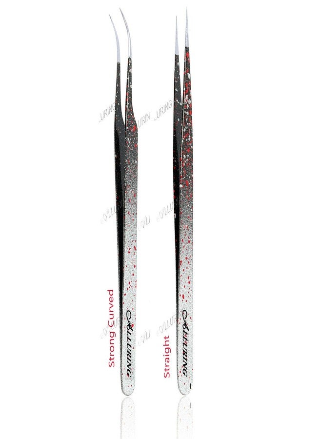 Alluring Ombre Black & Red Tweezers for Eyelash Extensions - Strong Curved, Straight (pair) - Image 1