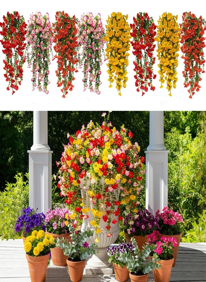 Autokcan 8 Pcs Artificial Hanging Flowers for Outdoors Fake Morning Glory for Home Decoration UV Resistant Mixed Color Greenery and Flowers for Porches Gardens Yard Decor (Warm Color) - Image 1