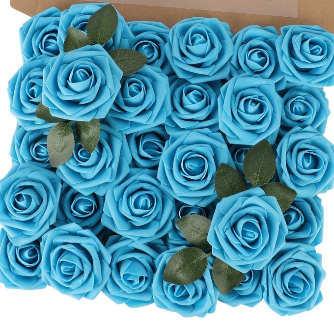 Artificial Flower Roses 30PCS Real Touch Fake Foam Roses with Stem Fake Flowers for DIY Wedding Bridal Bouquets Party Baby Shower Home Indoor Outdoor Spring Mothers Day DecorDark Teal Blue
