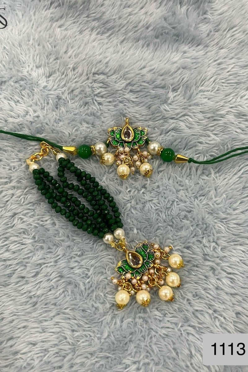 زوج Rakshabandhan bhai bhabi راخي مع لؤلؤ كريستالي أخضر وخرز ذهبي/نمط جديد في السوار مع bhai rakhi المطابق
