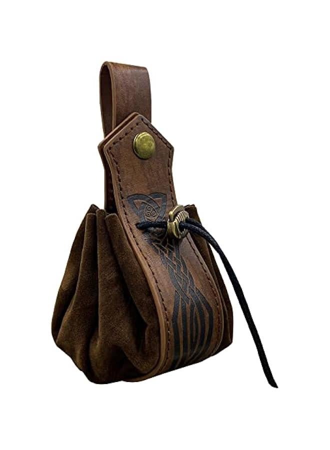 Medieval Faux Leather Drawstring Pouch, Retro Nordic Portable Coin Purse, Vintage Belt Pouch Dice Bag For LARP Ren Faire (Brown C)  - Image 1