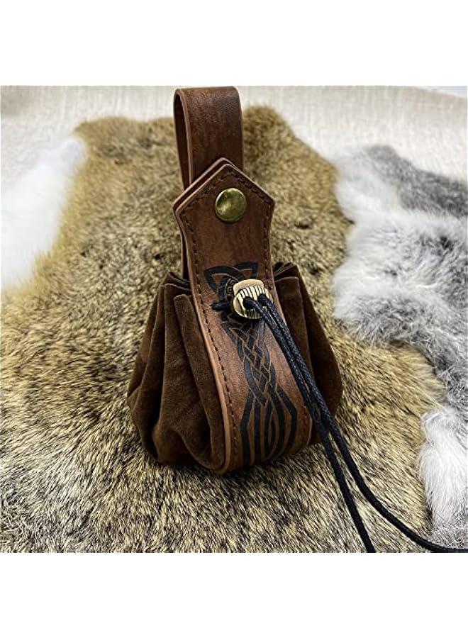 Medieval Faux Leather Drawstring Pouch, Retro Nordic Portable Coin Purse, Vintage Belt Pouch Dice Bag For LARP Ren Faire (Brown C)  - Image 3