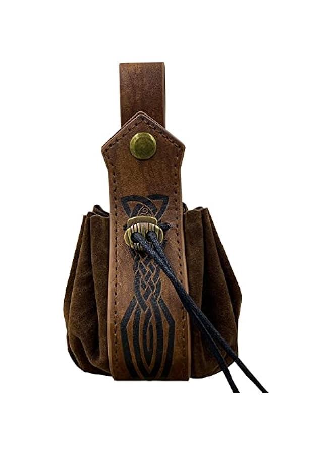 Medieval Faux Leather Drawstring Pouch, Retro Nordic Portable Coin Purse, Vintage Belt Pouch Dice Bag For LARP Ren Faire (Brown C)  - Image 2