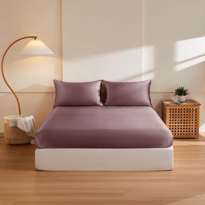 THXSILK Silk Queen Fitted Sheet 3Pcs Set  6A+ Top Grade 100% Pure Mulberry Silk Bed Sheets Set Luxury Bedding Sheet for Hair and Skin  1 Fitted Sheet with 2 Pillowcases  Purple - Image 1