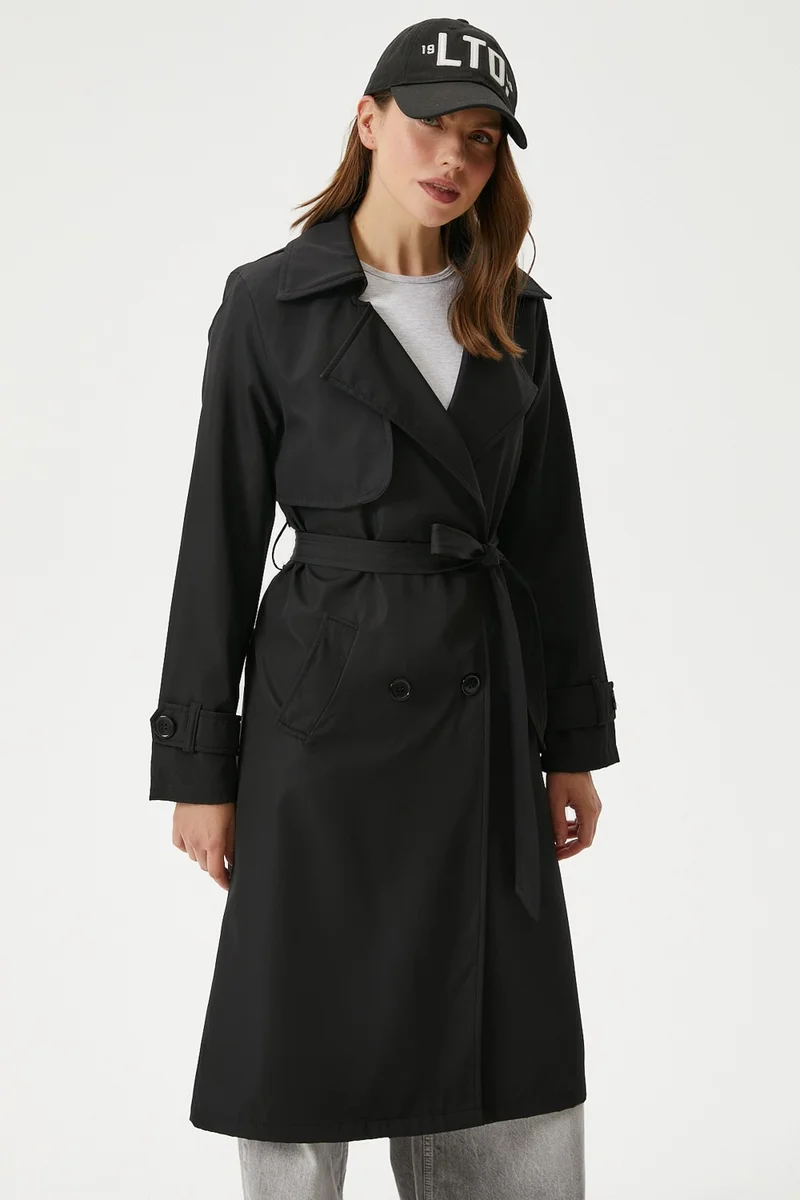Ritnice Women's Style Lined Flap Black Trench Coat