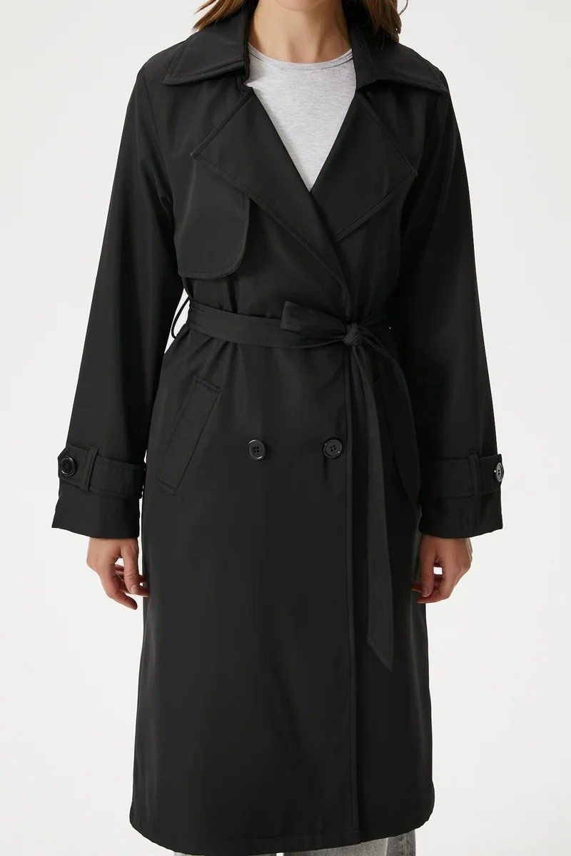 Ritnice Women's Style Lined Flap Black Trench Coat