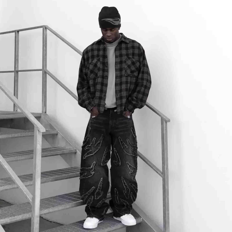 Ethbox Y2K Jeans Men's Hip-hop Retro Flame Splicing Wide Leg Jeans Women's Gothic Straight Tube Loose Jeans (Black,XXL) - Image 2
