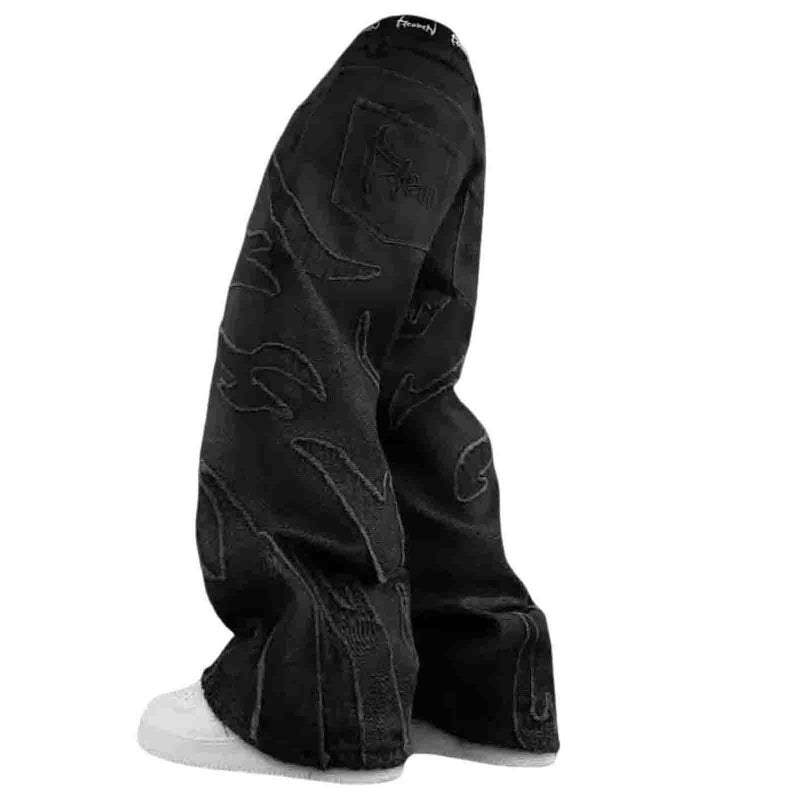 Ethbox Y2K Jeans Men's Hip-hop Retro Flame Splicing Wide Leg Jeans Women's Gothic Straight Tube Loose Jeans (Black,XXL) - Image 1