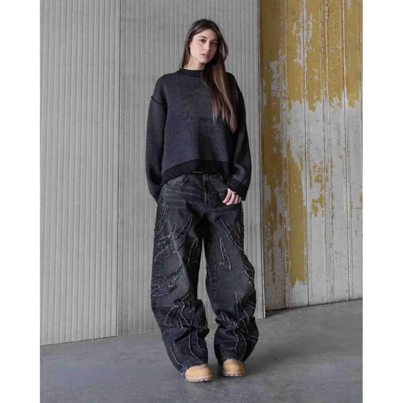 Ethbox Y2K Jeans Men's Hip-hop Retro Flame Splicing Wide Leg Jeans Women's Gothic Straight Tube Loose Jeans (Black,XXL) - Image 4