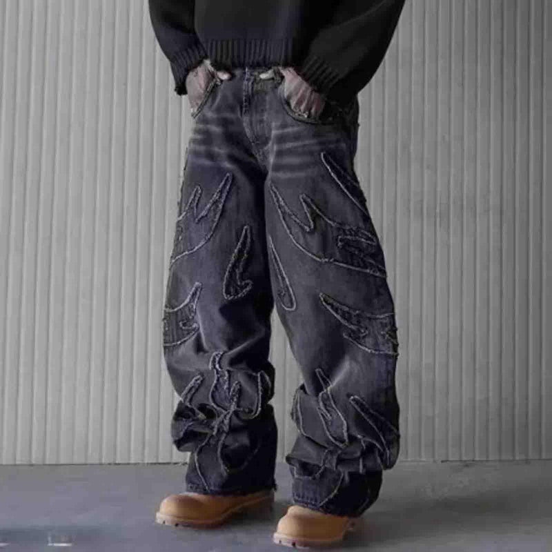 Ethbox Y2K Jeans Men's Hip-hop Retro Flame Splicing Wide Leg Jeans Women's Gothic Straight Tube Loose Jeans (Black,XXL) - Image 3