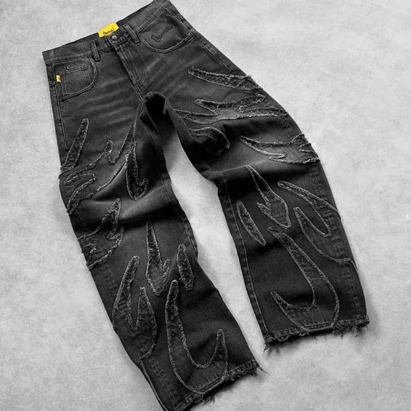 Ethbox Y2K Jeans Men's Hip-hop Retro Flame Splicing Wide Leg Jeans Women's Gothic Straight Tube Loose Jeans (Black,XXL) - Image 5