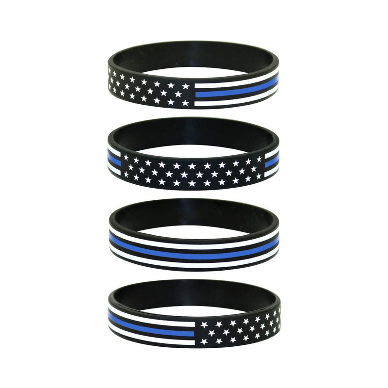 Great 1 Thin Blue Line American Flag Silicone Stretchable Bracelet 4-Pack - Police Law Enforcement - Image 1