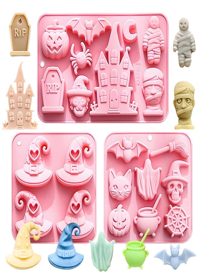 Fchil Halloween Witch Hat Silicone Molds, 3 Pack Nonstick Chocolate Candy Molds with Spooky Shapes Haunted House Mummy Bat Ghost Pumpkin Designs, for Baking Ice Cube Soap - Image 1