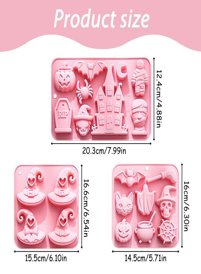 Fchil Halloween Witch Hat Silicone Molds, 3 Pack Nonstick Chocolate Candy Molds with Spooky Shapes Haunted House Mummy Bat Ghost Pumpkin Designs, for Baking Ice Cube Soap - Image 2