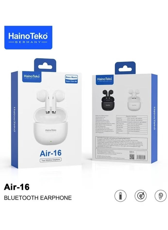Haino Teko Wireless AIR-16 In-Ear Bluetooth Earphones with Free Cover & Hook – Original Quality, Comfortable Fit, Premium Sound – Compatible with iOS & Android Devices – White, Perfect for Sports, Music, and Calls - Image 1