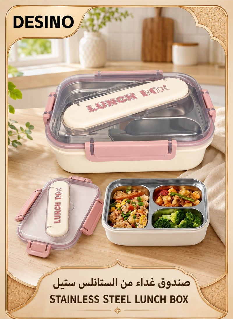 DESINO 3-Compartment Bento Lunch Box, Leakproof Lunch Box for Adults & Kids, 304 Stainless Steel, Detachable & Dishwasher Safe, Lunch Box with Lockable Cutlery Case for School, Office, Travel & Picnic - Image 1