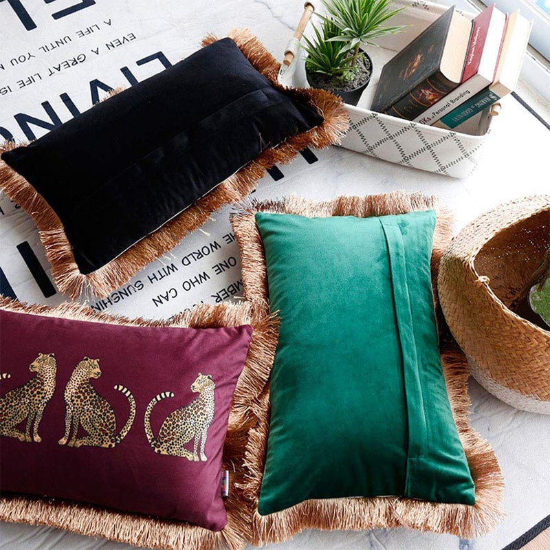 XSlive Lumbar Decorative Throw Pillow Cover with Tassels Leopard Pattern Cushion Cover Luxury Style Soft Velvet Pillowcase for Sofa Couch Bedroom (12"x20",Wine Red) - Image 4