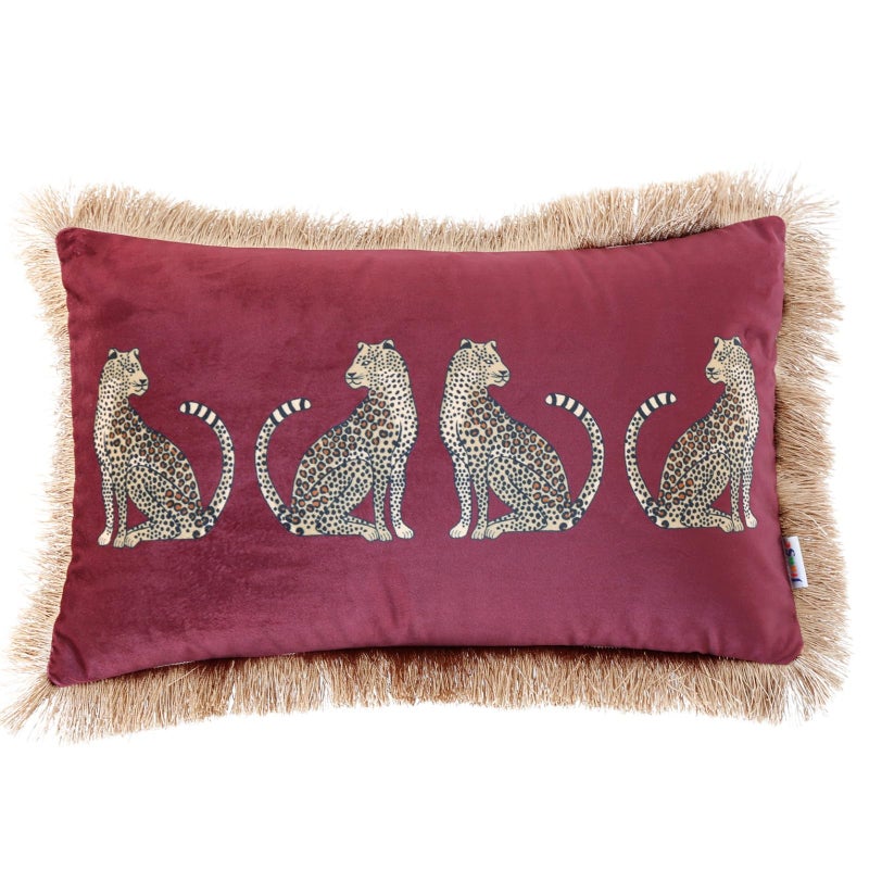 XSlive Lumbar Decorative Throw Pillow Cover with Tassels Leopard Pattern Cushion Cover Luxury Style Soft Velvet Pillowcase for Sofa Couch Bedroom (12"x20",Wine Red) - Image 1