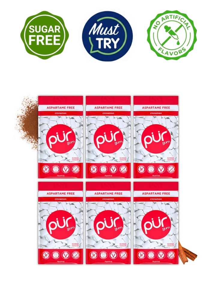 PUR Gum 100% Xylitol Chewing Cinnamon, Sugar-Free + Aspartame Free, Vegan + non GMO, 55 Count (Pack of 6) - Image 1