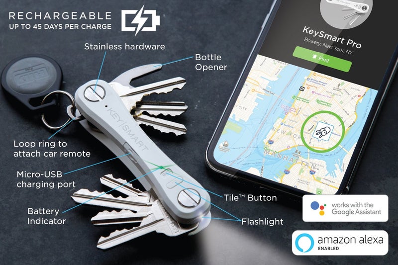 key smart KeySmart Pro - حامل مفاتيح ذكي مدمج مع مصباح LED وبلوتوث Tile، منظم مفاتيح EDC، يعلق مفتاح السيارة، أدوات صغيرة وإكسسوارات أخرى (حتى 10 مفاتيح، أبيض) - تم إيقافه - Image 4
